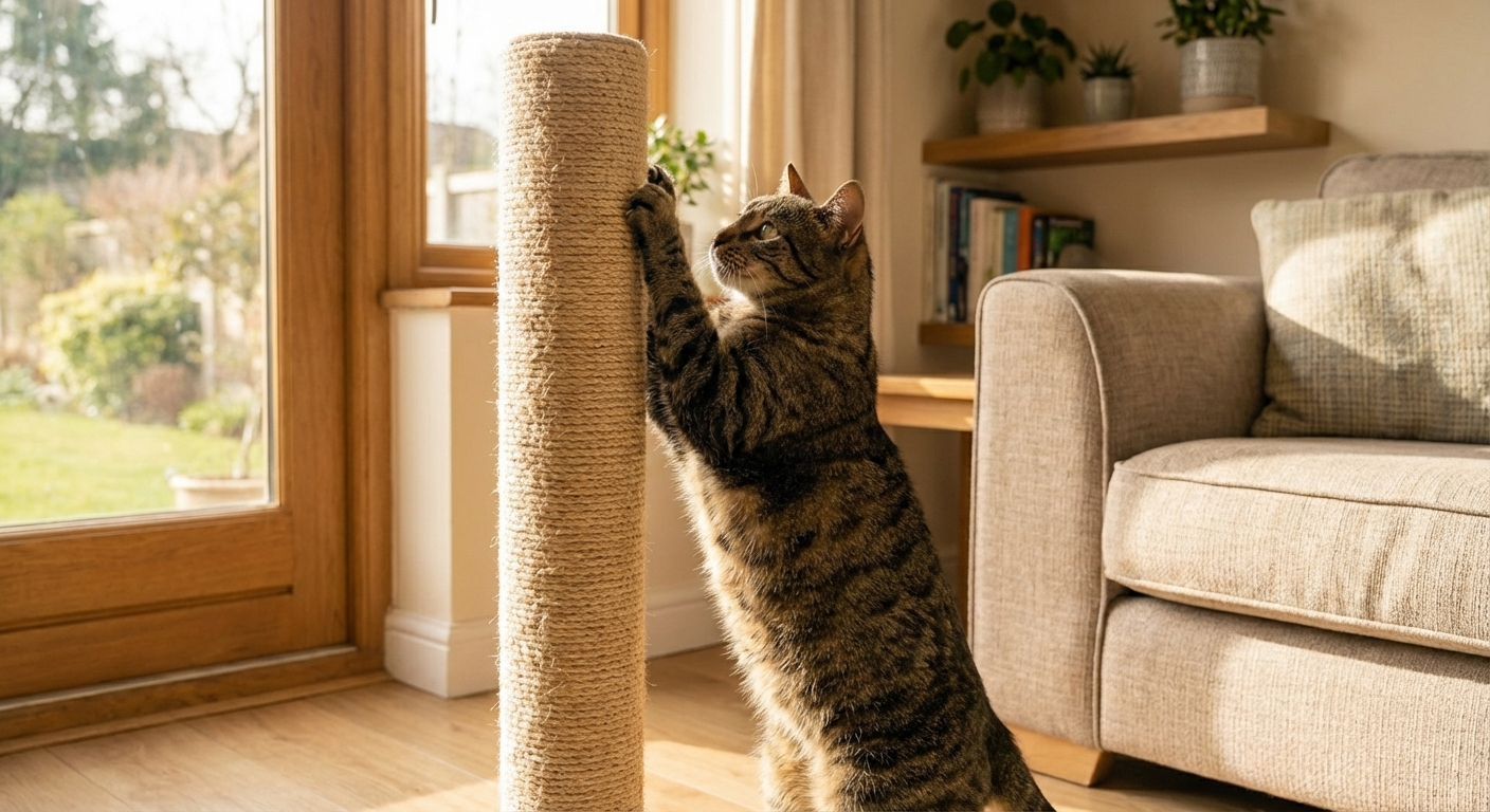 A cat stretching up to scratch a tall sisal scratching post in a bright living room