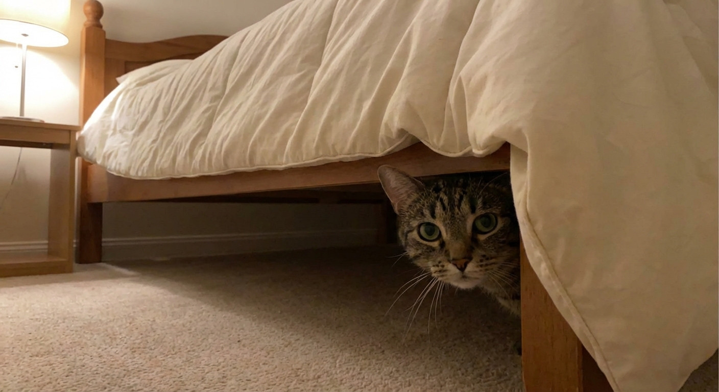 A cat tucked under a bed with only the face visible in soft indoor lighting