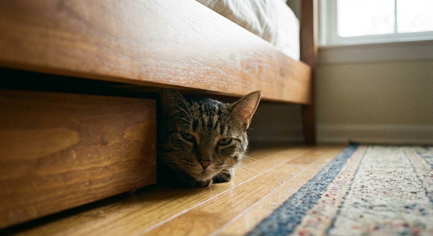 A cat tucked under a bed with only the face visible in soft indoor light