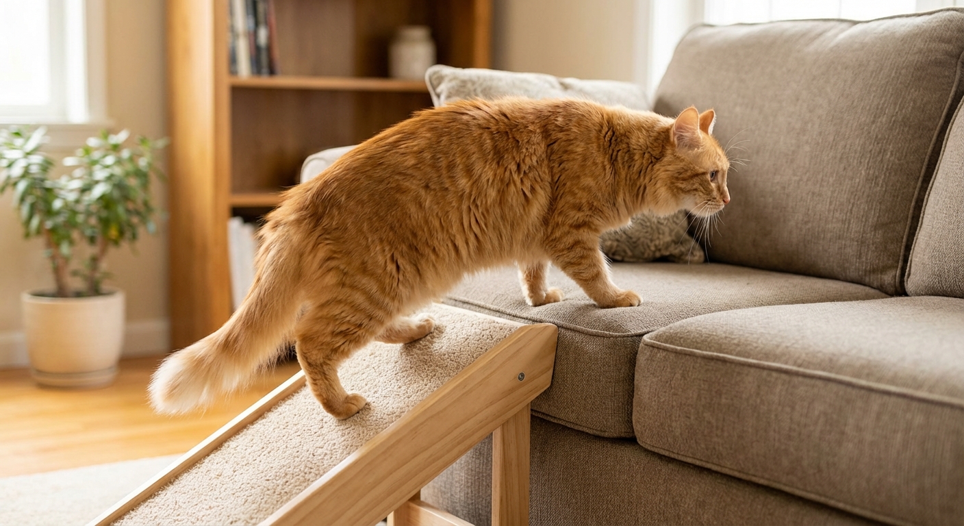 A cat using a small carpeted ramp to reach a couch
