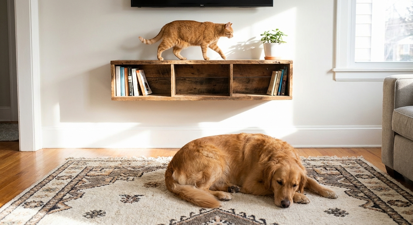 A cat walking along a wall-mounted-shelf while a dog rests on a rug below