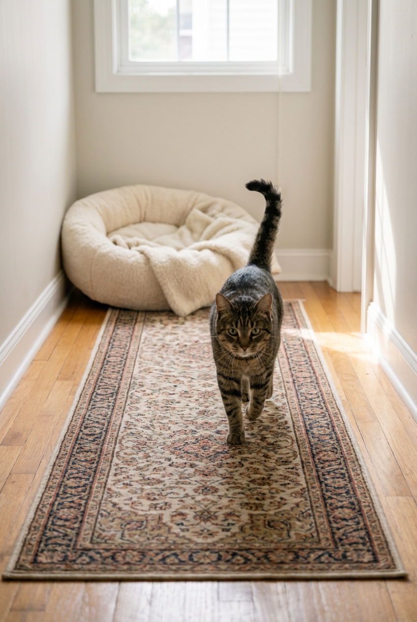 A cat walking on a runner rug in a hallway with a cozy bed nearby