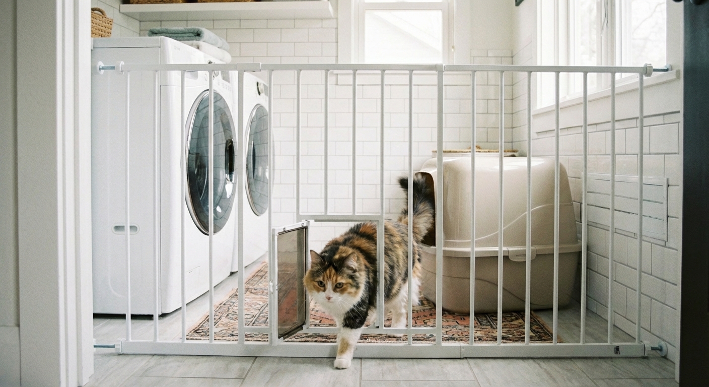 A cat walking through a small opening in a baby gate with a litter box visible on the other side