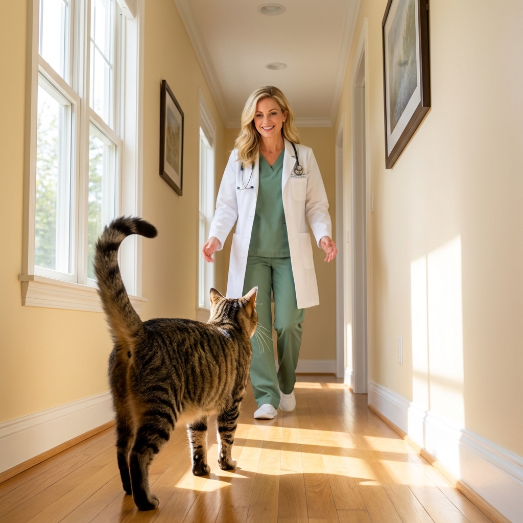 A cat walking toward a person with an upright tail and relaxed body in a bright hallway