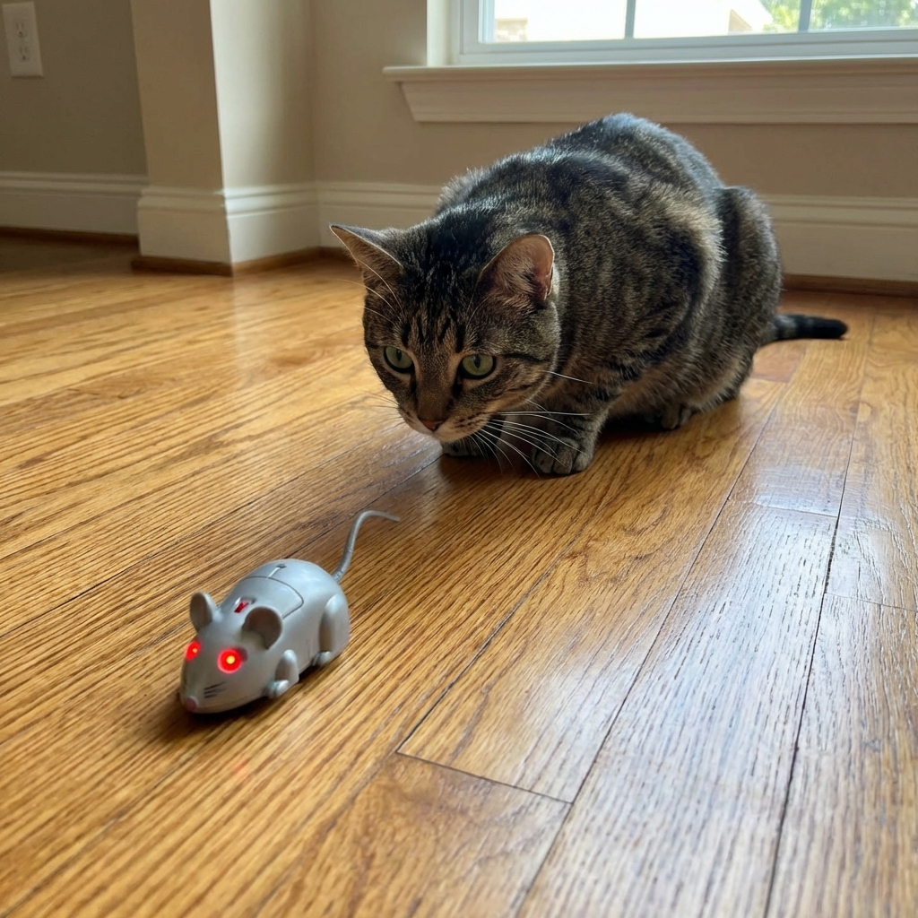 A cat watching a small automatic motion toy skitter across a hardwood floor