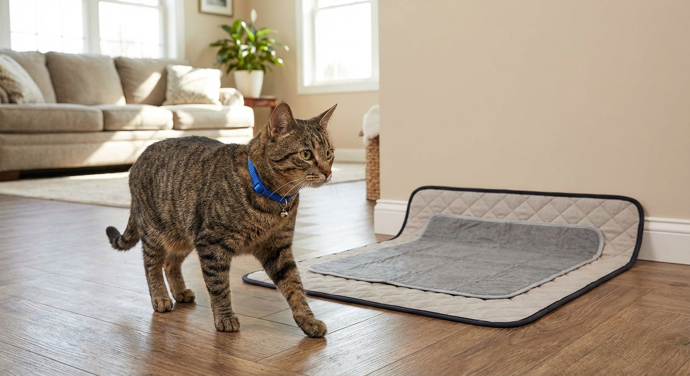A cat wearing a breakaway collar walking through a living room with a washable pee pad near a wall