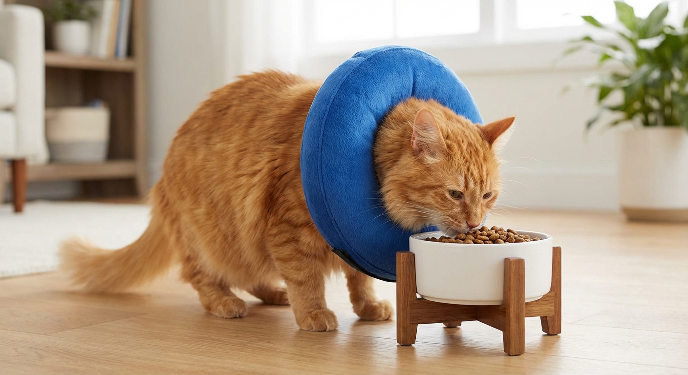 A cat wearing a comfortable recovery collar while eating from a slightly elevated bowl