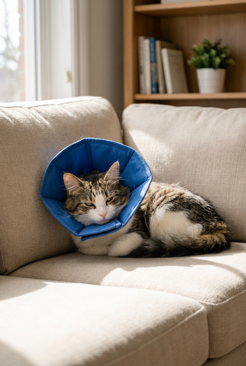 A cat wearing a soft recovery collar while resting calmly on a couch