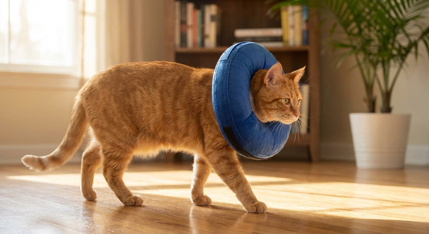 A cat wearing a soft recovery collar while walking slowly indoors