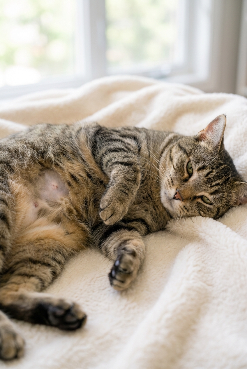 A cat with a small bald patch on its belly resting on a soft blanket