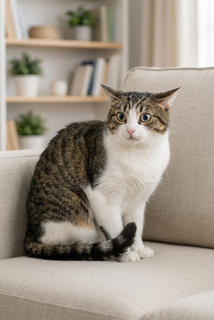A cat with flattened ears and wide pupils sitting tense on a couch with tail tucked to the side