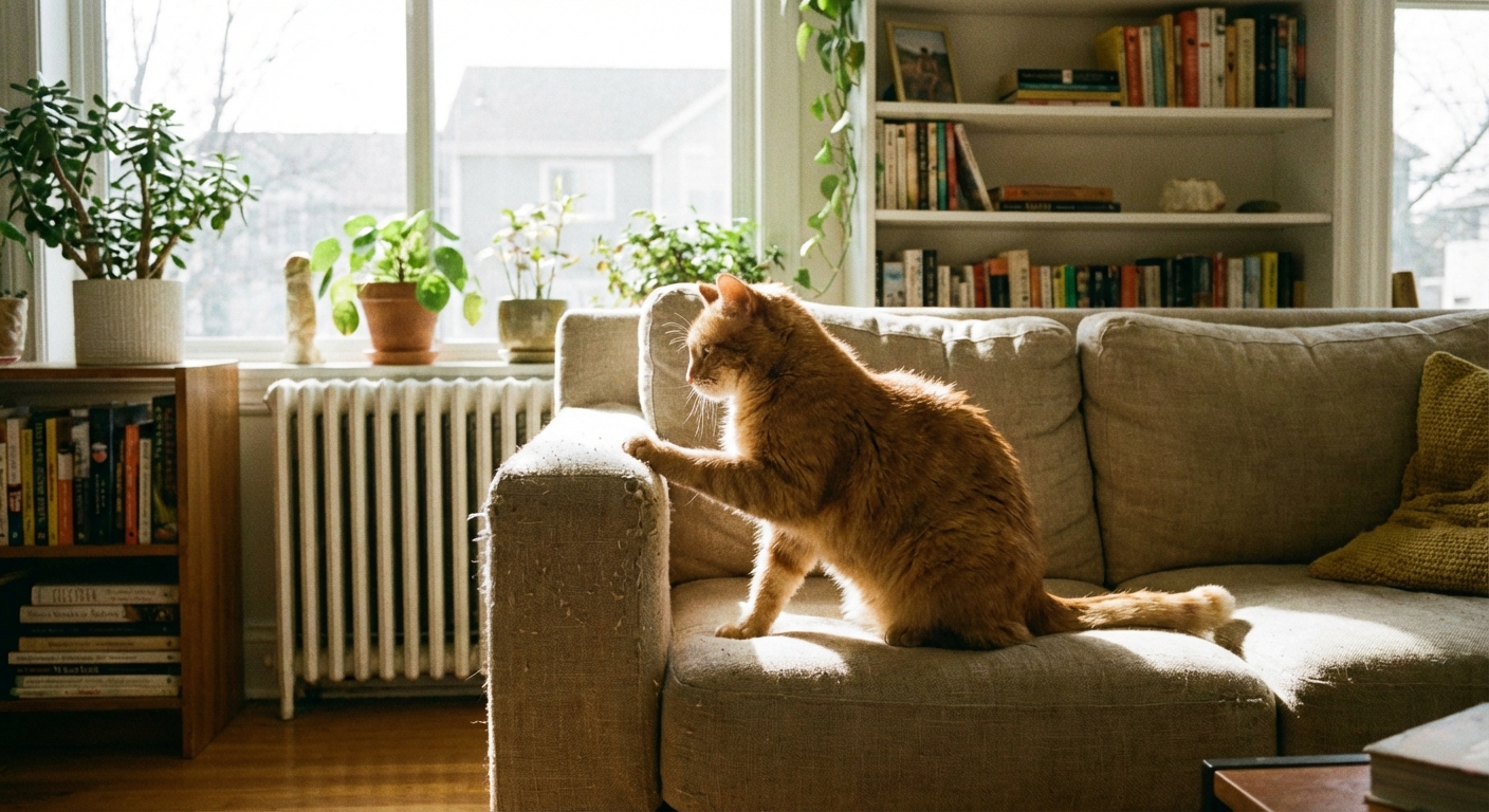 A cat with front paws on the arm of a fabric couch in a bright living room
