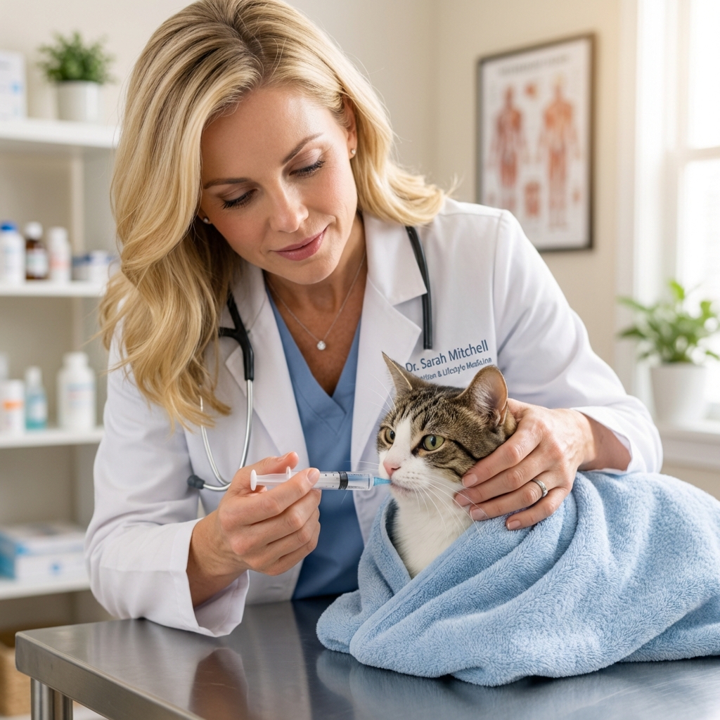 A cat wrapped in a towel on a table while a person gently supports the head and offers a small water syringe