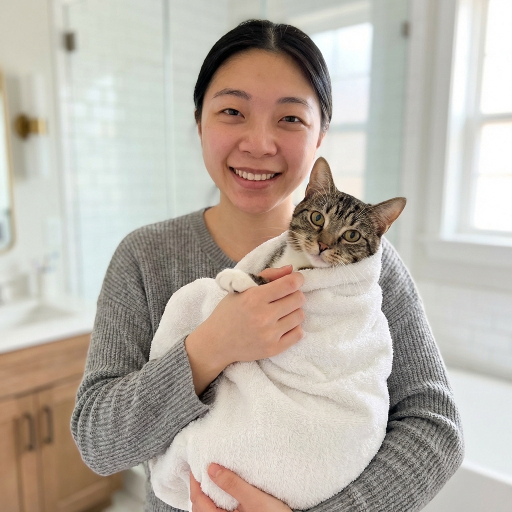 A cat wrapped snugly in a towel with only the head visible while a person gently holds one front paw