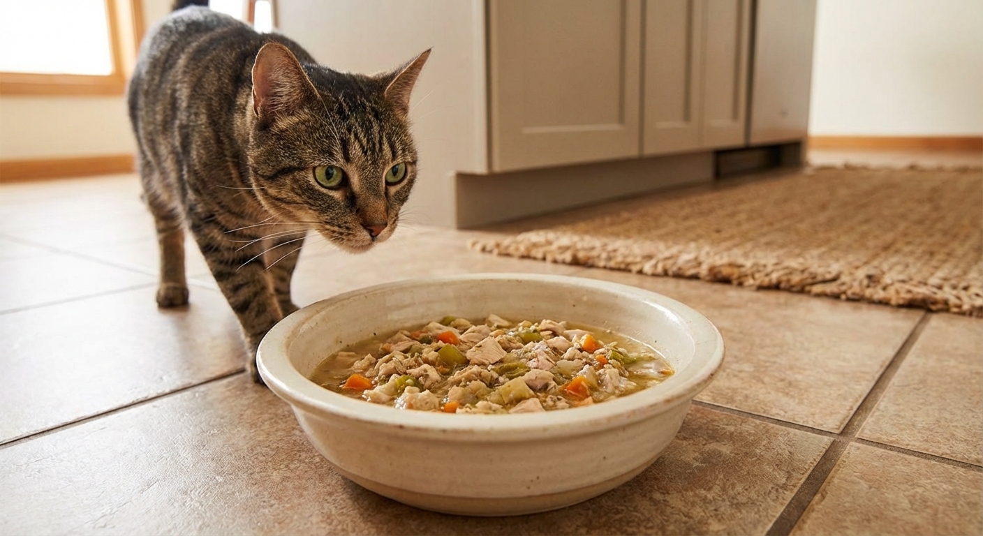 A ceramic bowl filled with a moist homemade cat food mixture on a kitchen floor with a cat approaching