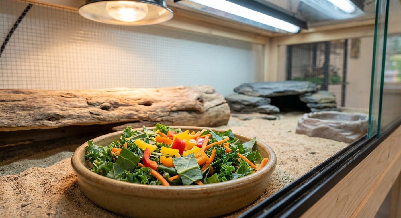 A ceramic bowl filled with chopped leafy greens and colorful vegetables inside a bearded dragon enclosure