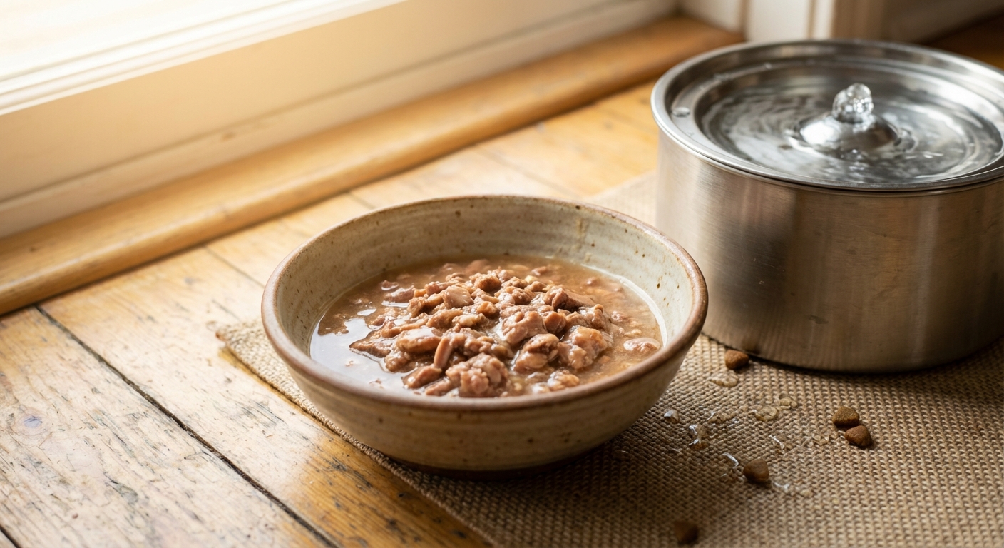 A ceramic bowl filled with moist canned cat food mixed with a little water, sitting on a kitchen floor near a cat water fountain, warm natural light, realistic photography
