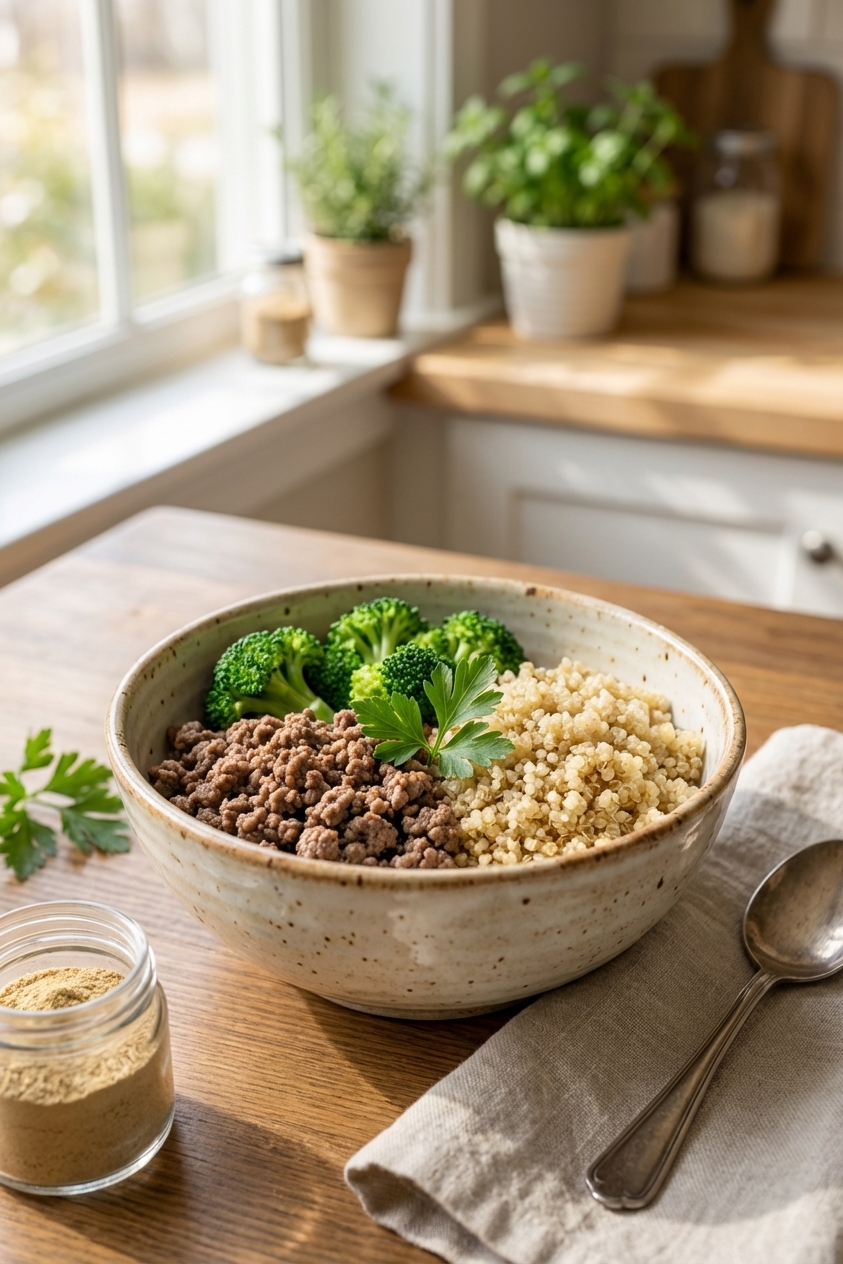 A ceramic bowl of homemade dog food with cooked lean ground beef, quinoa, and steamed broccoli florets, natural window light food photography