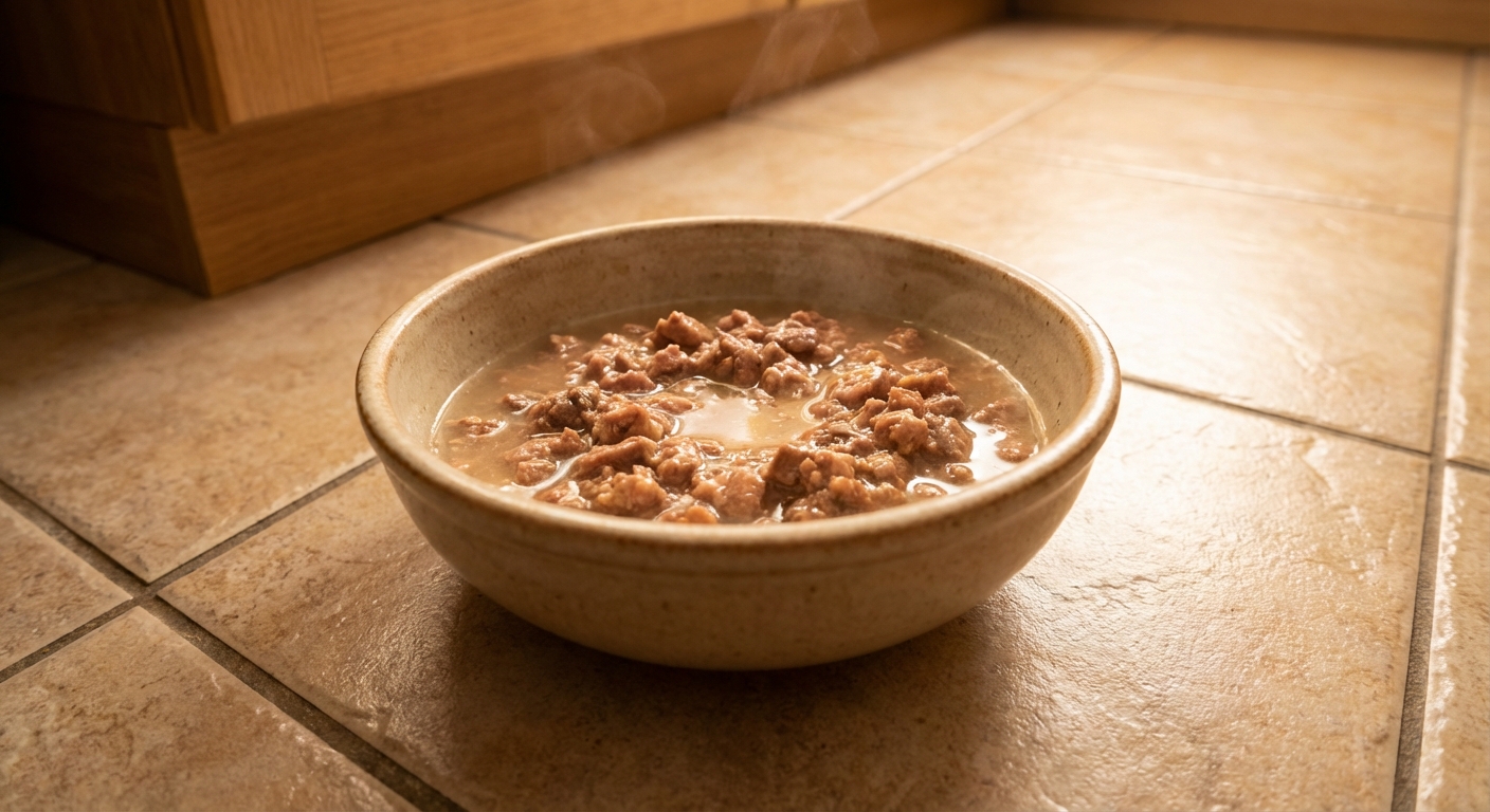 A ceramic bowl of wet cat food with a small amount of warm water mixed in on a kitchen floor