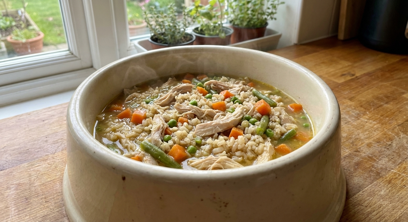 A ceramic bowl on a kitchen counter filled with homemade dog food stew made of shredded chicken, rice, and cooked vegetables with visible broth, natural window light, photorealistic