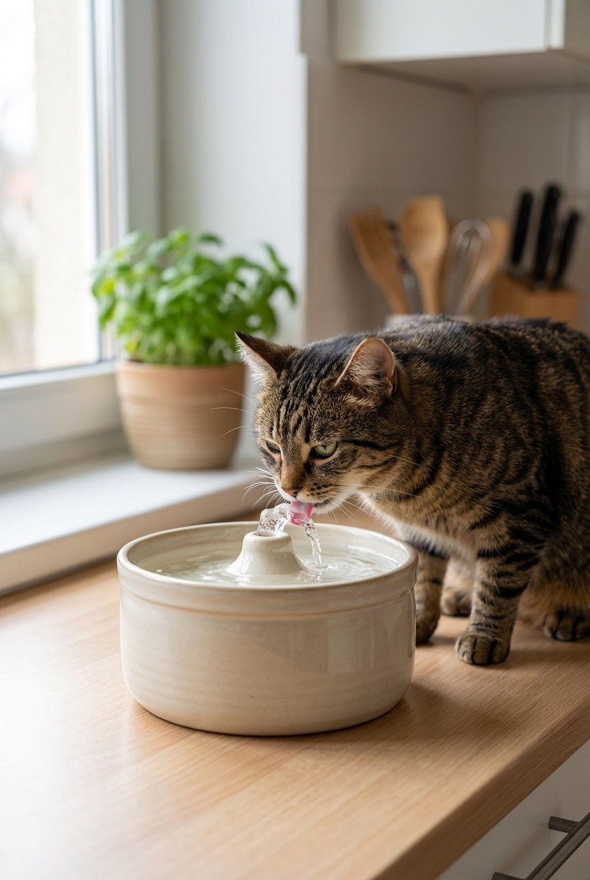 A ceramic cat water fountain on a kitchen counter with a cat drinking from it