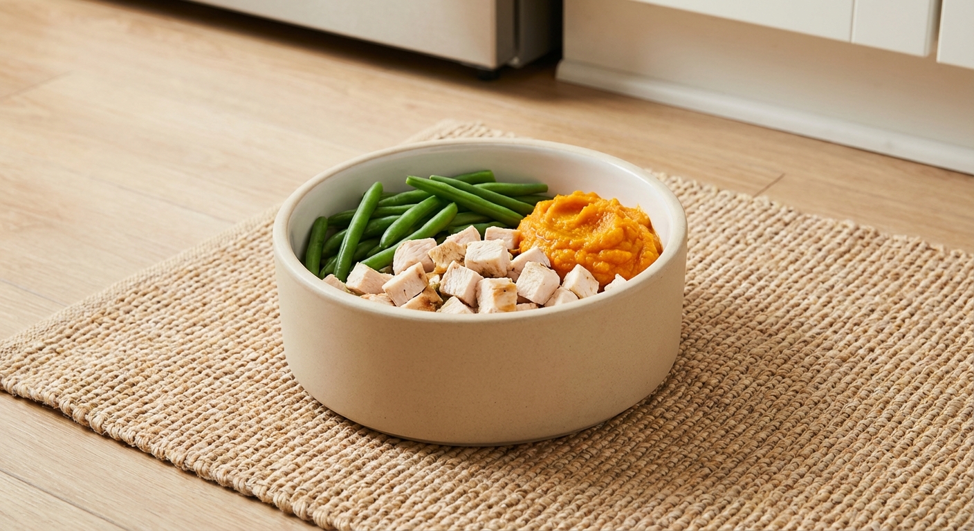A ceramic dog bowl filled with chopped cooked chicken, green beans, and a small scoop of pumpkin on a kitchen mat