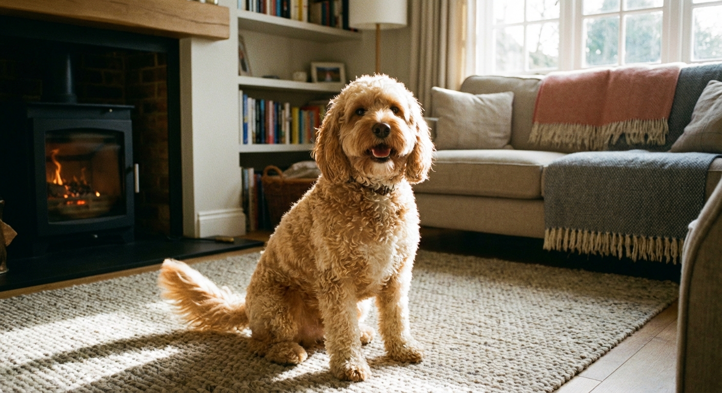 A cheerful Cockapoo sitting on a cozy living room rug, showing its curly coat and friendly expression