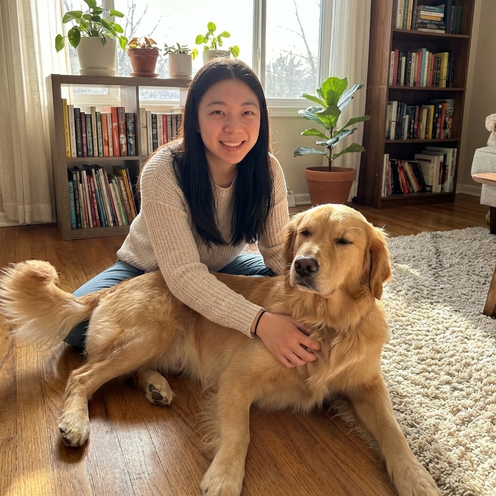 A cheerful dog sitting beside an owner on a living room floor while the owner gently scratches the dog’s chest, cozy indoor light, realistic photography