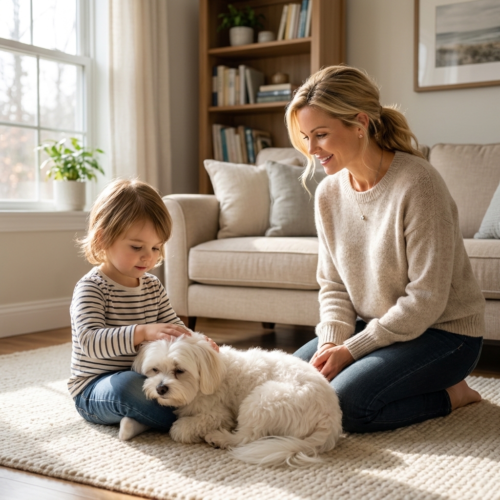 A child gently petting a small fluffy dog while an adult supervises in a bright home living room, real photograph