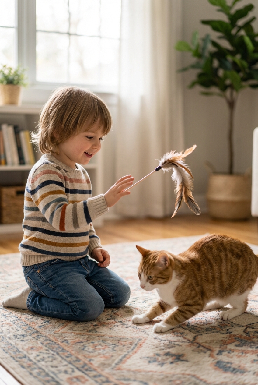 A child gently playing with a cat using a wand toy in a living room