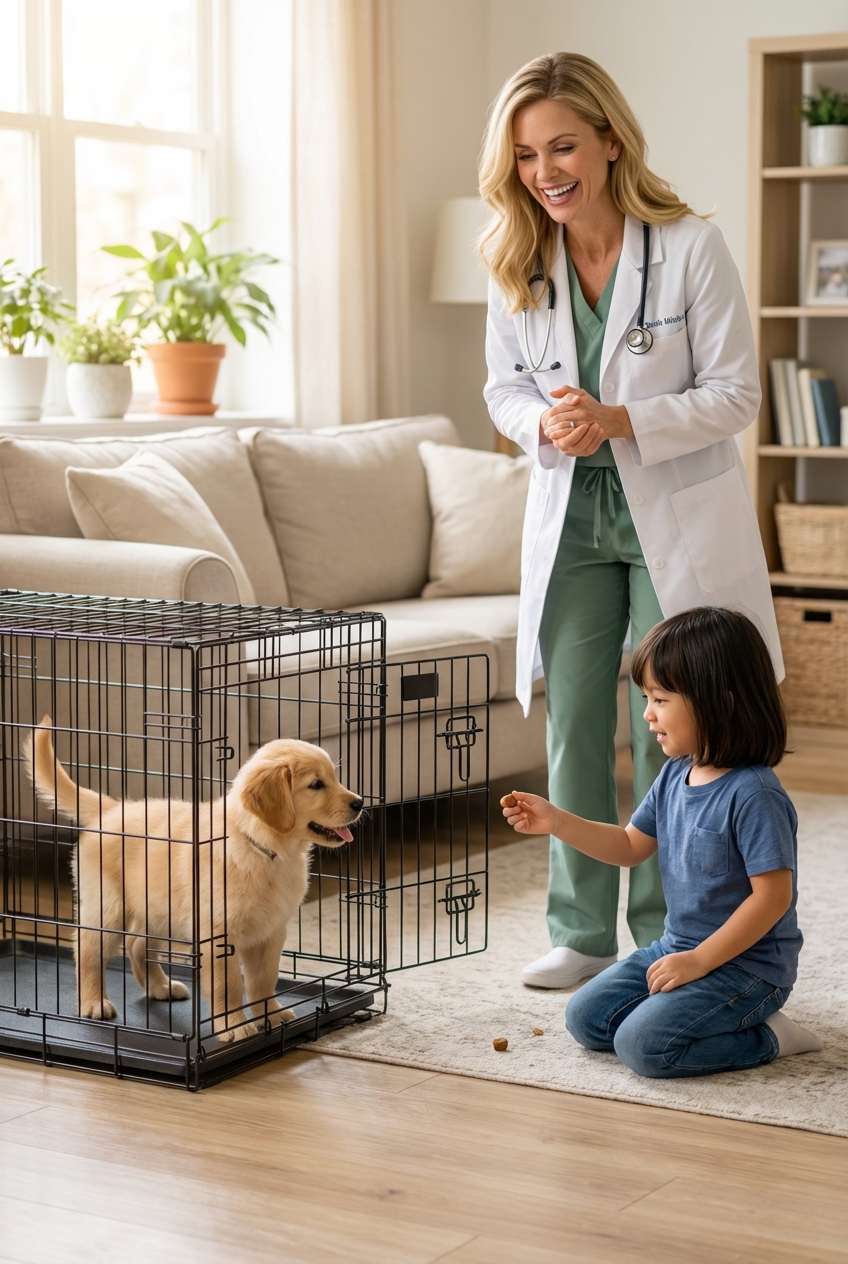 A child gently tossing a treat toward an open puppy crate while an adult supervises nearby