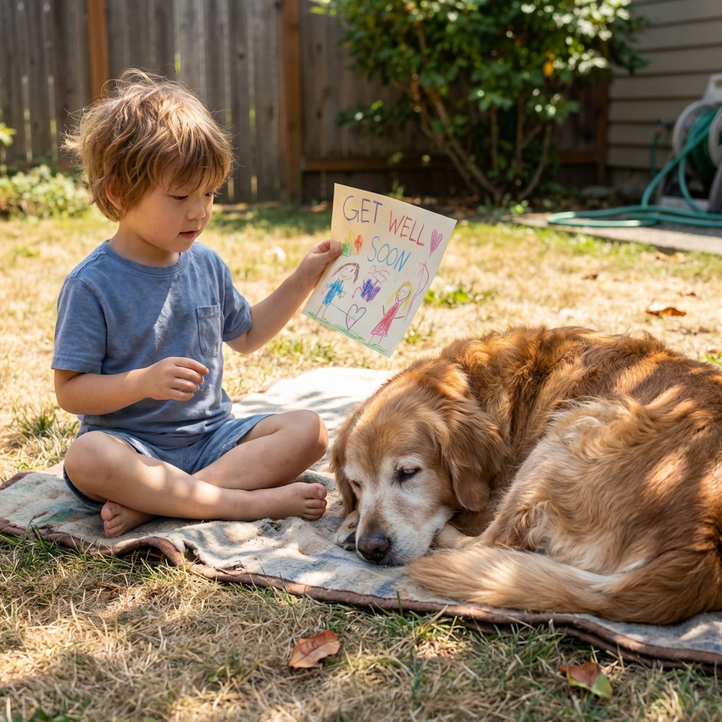A child holding a small handmade card next to a sleeping senior dog in a sunny backyard