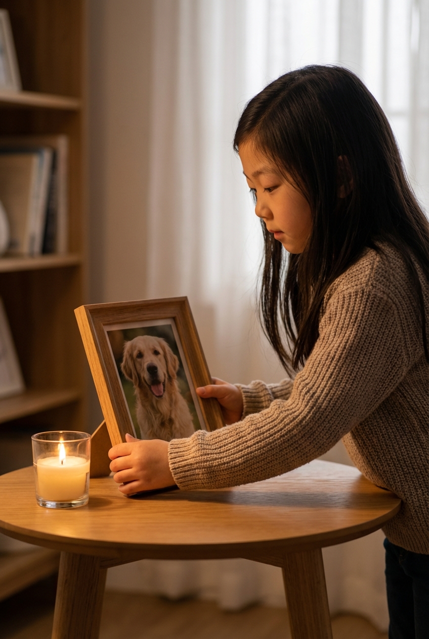 A child placing a framed photo of a dog on a small table beside a candle in a quiet room