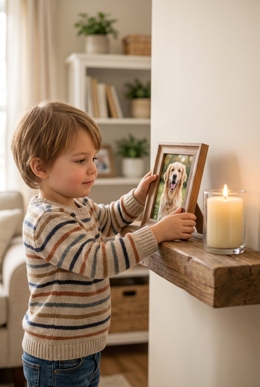A child placing a framed photo of a dog on a small shelf with a candle nearby