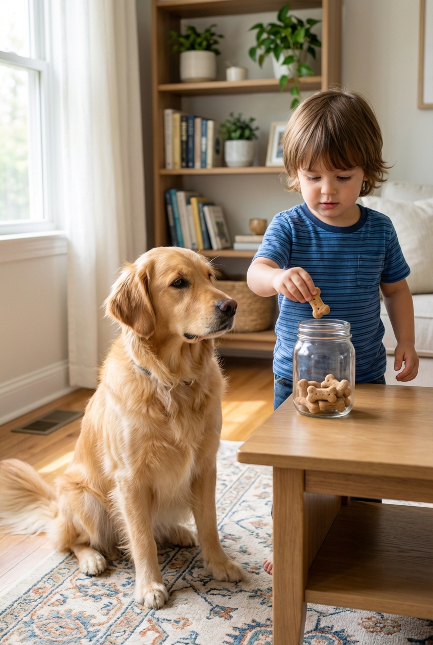 A child placing a small treat into a jar while an adult dog watches patiently