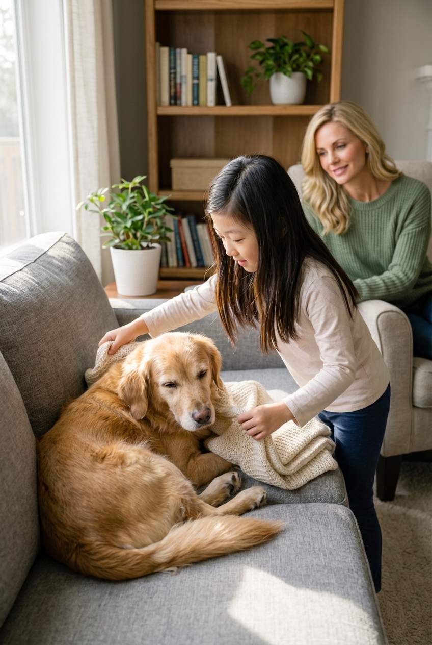A child placing a soft blanket next to an older dog on a couch while an adult sits nearby