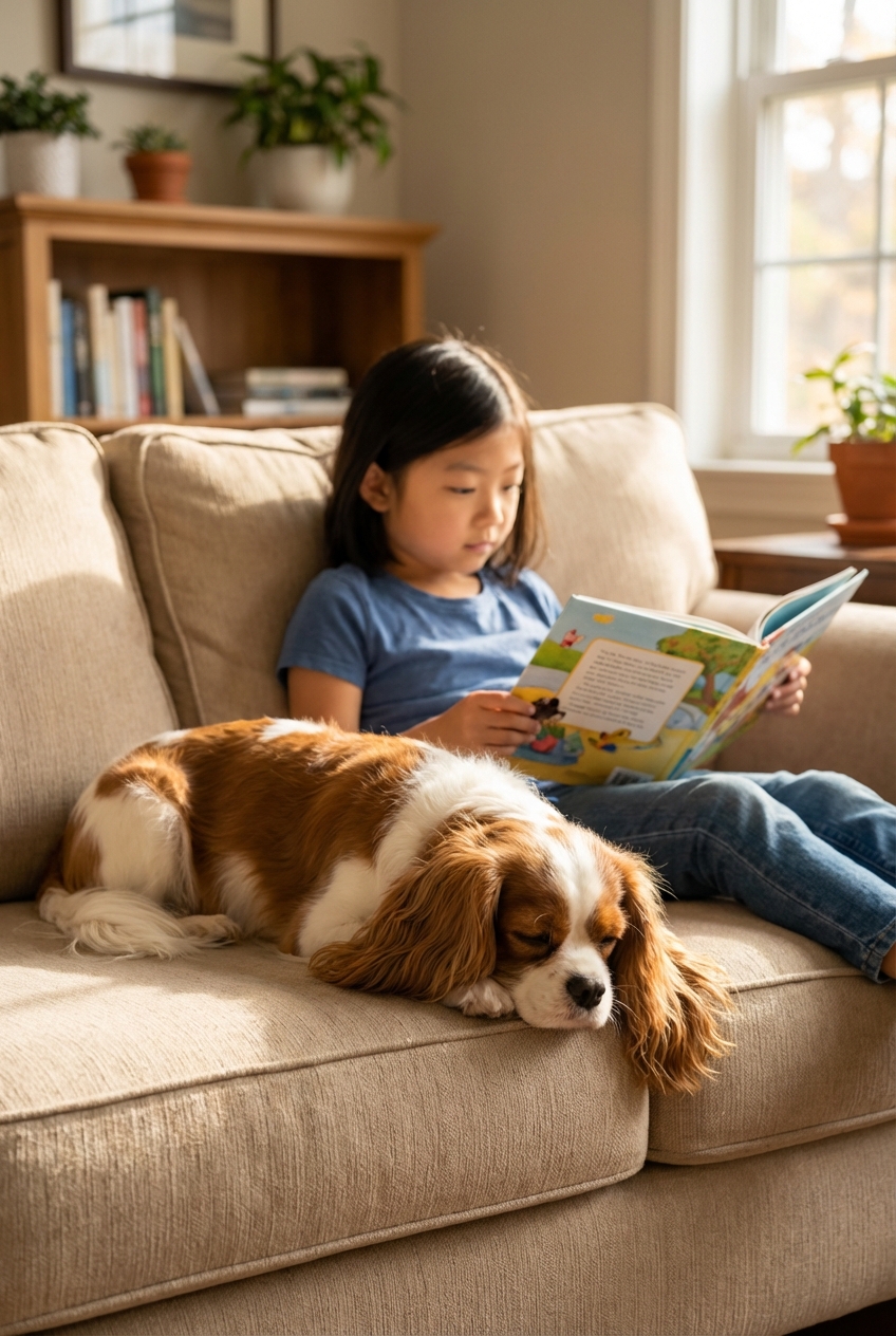 A child sitting on a couch reading a book while a Cavalier King Charles Spaniel rests beside them with ears draped over the cushion