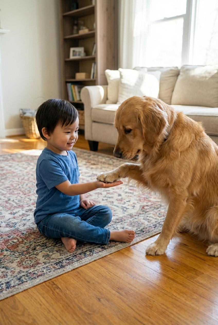 A child sitting on the floor offering an open palm while a dog gently touches the palm with a paw