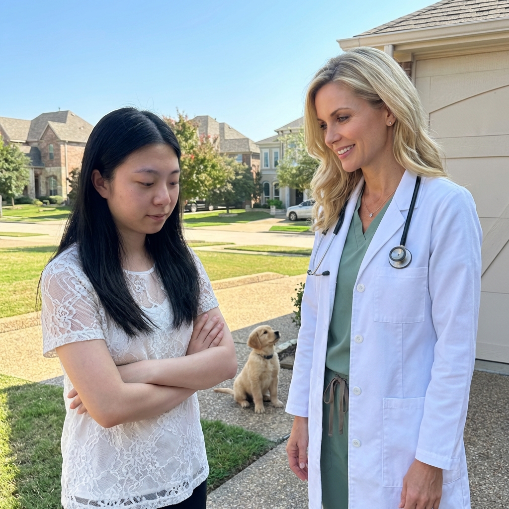 A child standing still with arms crossed while a puppy sits nearby, with an adult supervising