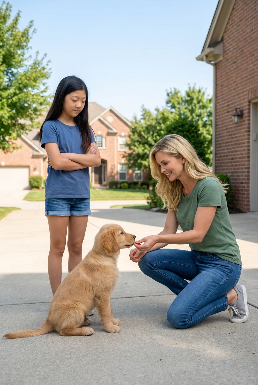 A child standing still with arms folded while an adult rewards a puppy for sitting calmly