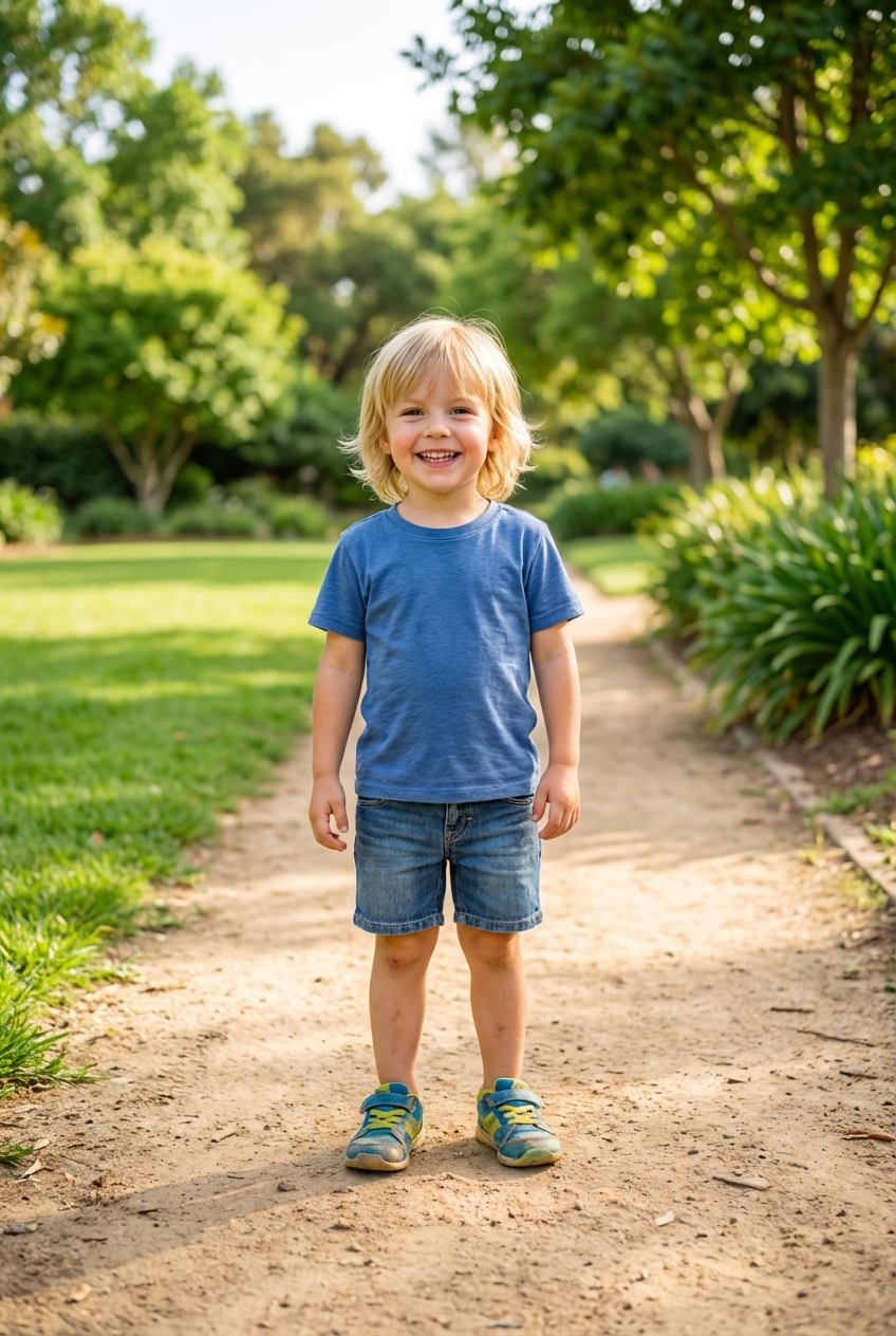 A child wearing sneakers standing on a sandy path near a grassy park