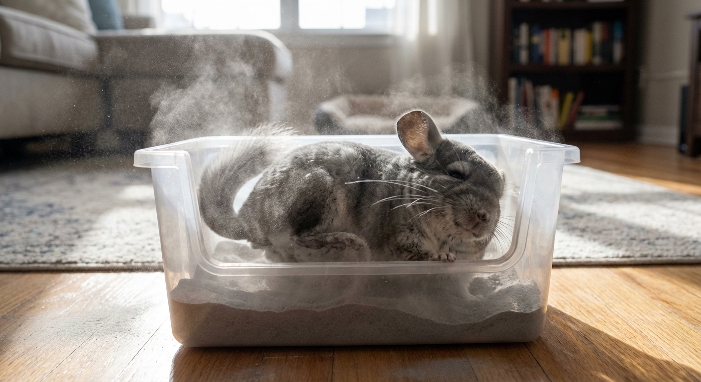 A chinchilla inside a plastic dust bath house mid-roll, fine dust in the air, indoor pet photography, photorealistic