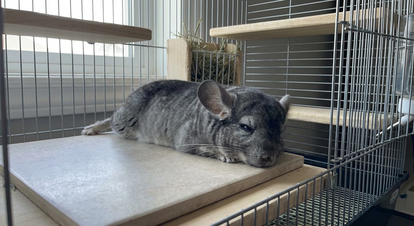 A chinchilla resting with its belly on a smooth ceramic tile inside a clean cage, cool lighting, photorealistic