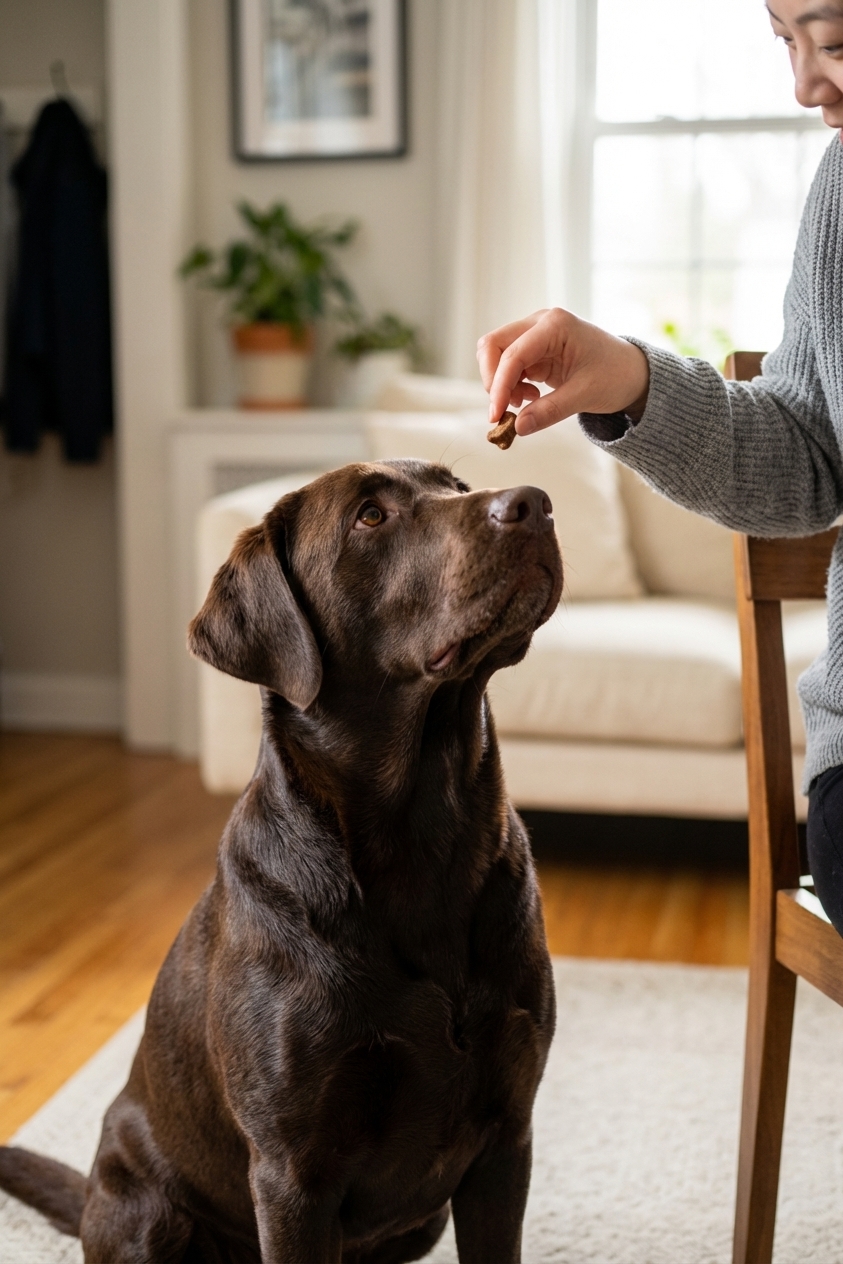 A chocolate Labrador Retriever sitting calmly indoors while looking up at a person holding a treat