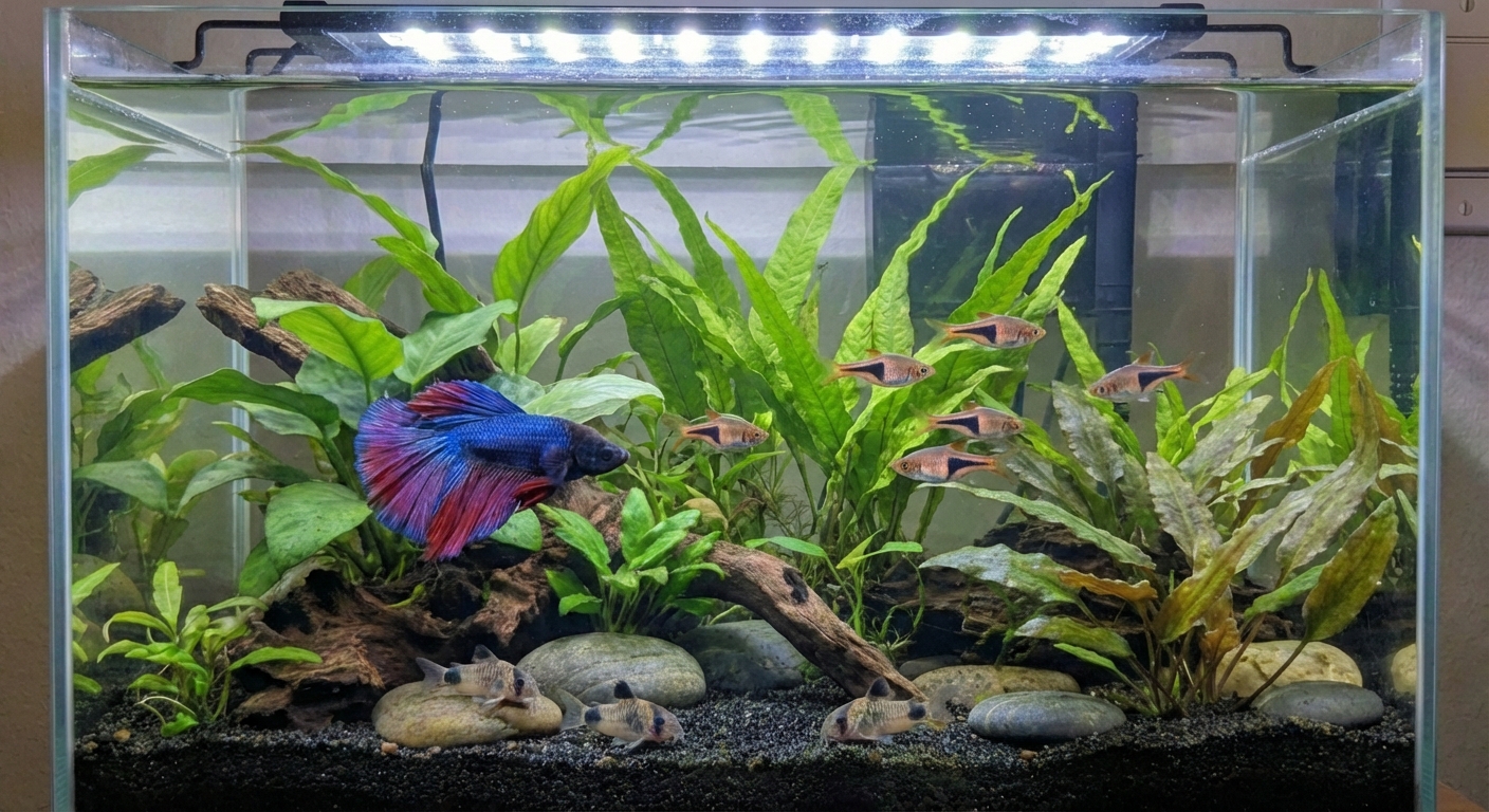 A clean 20-gallon freshwater aquarium with a betta, a small school of rasboras, and corydoras on the sand