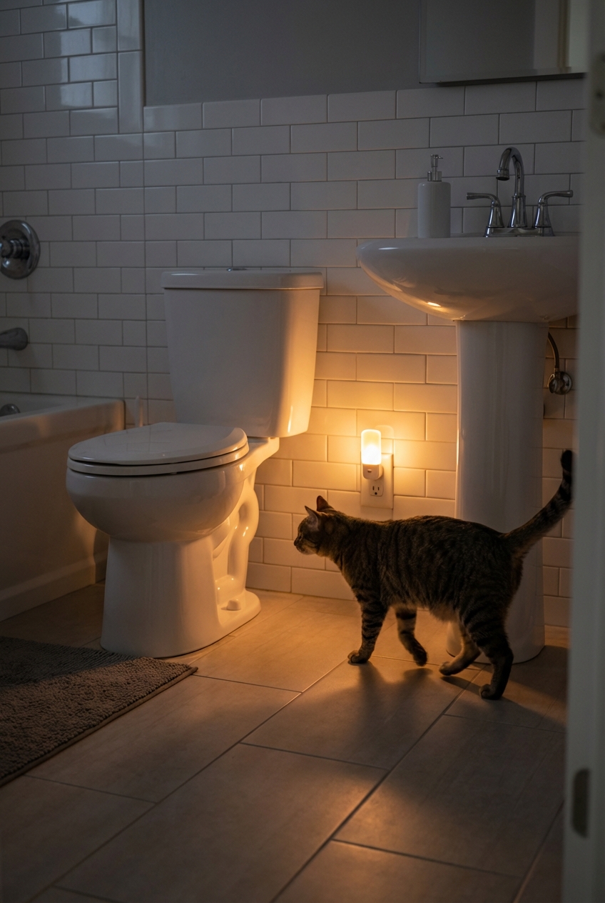 A clean bathroom with a small night light glowing near the floor and a cat walking toward the toilet