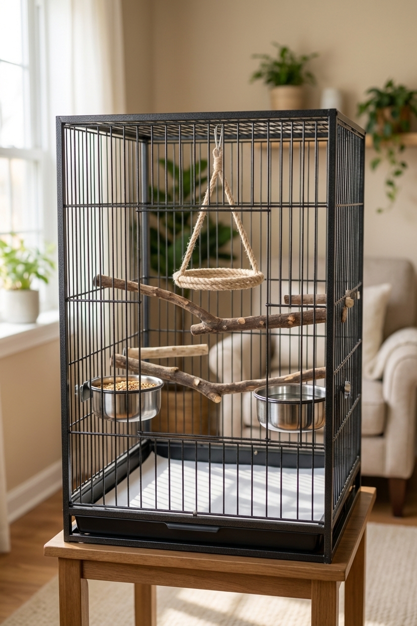 A clean budgie cage in a living room with natural wood perches, stainless steel bowls, and a simple swing, photorealistic