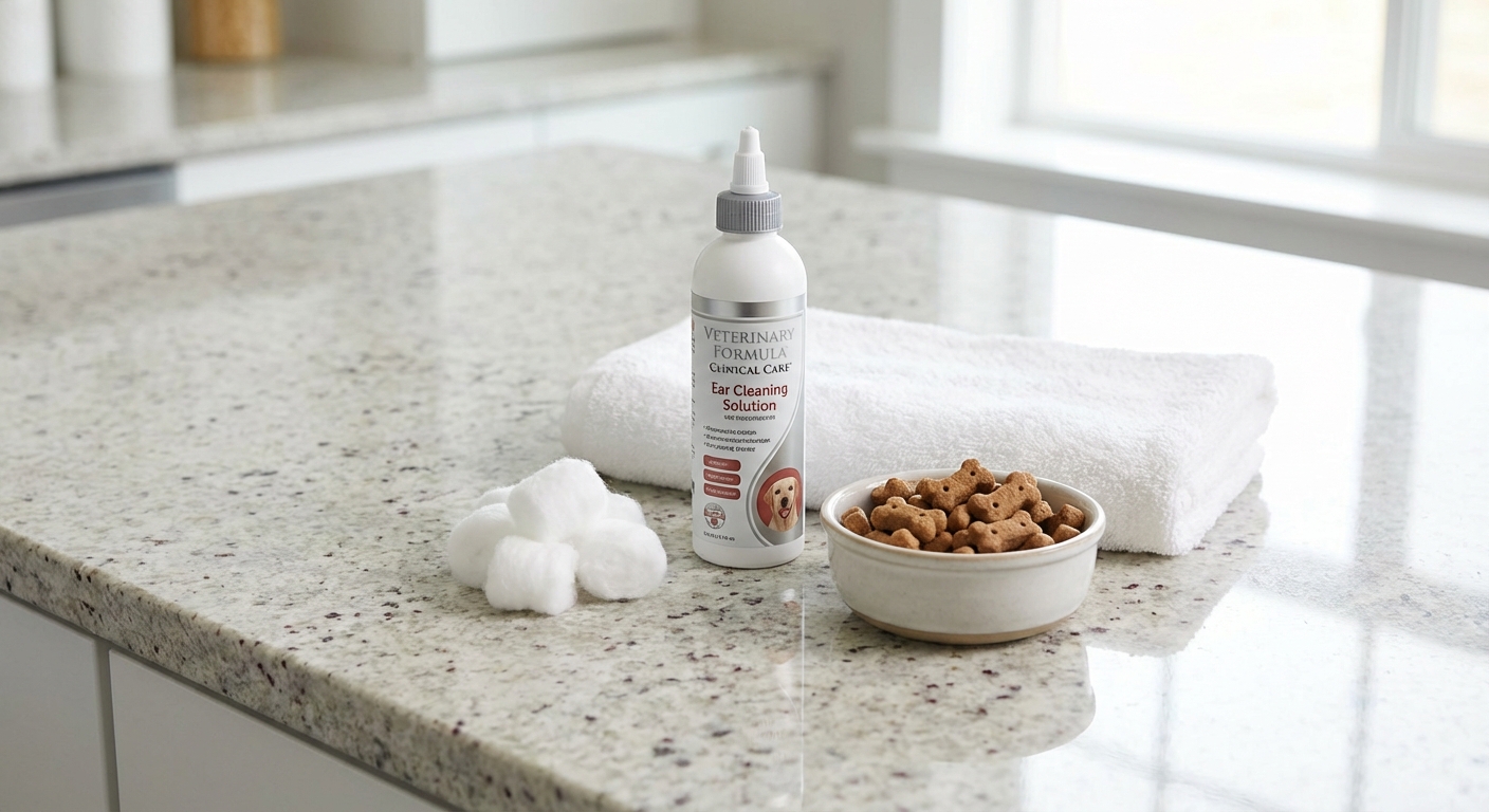 A clean countertop with dog ear cleaning solution, cotton balls, a towel, and small training treats