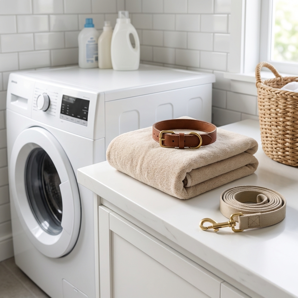 A clean dog towel, collar, and leash placed beside a washing machine ready to be washed