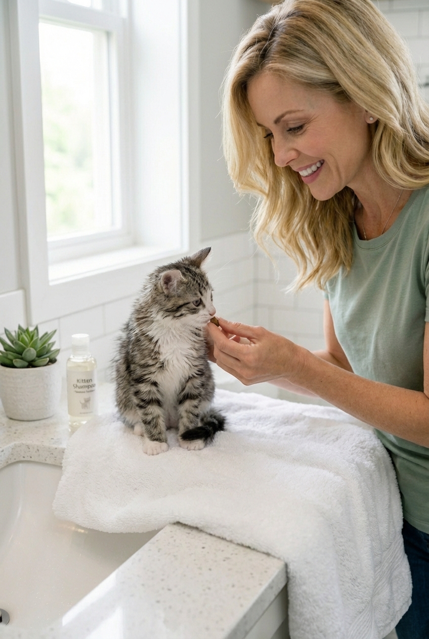 A clean, dry kitten sitting on a soft blanket while a caregiver offers a small treat after bath time
